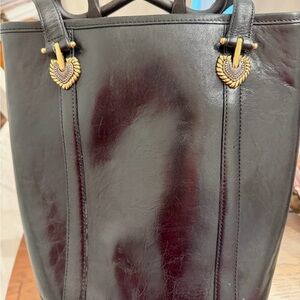 Brighton Black Leather Tote with Gold Heart Accents 8x10